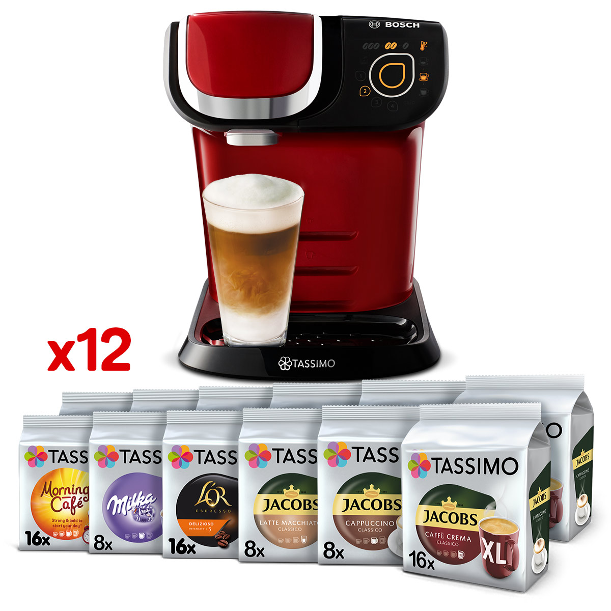 Zestaw ekspres kapsułkowy Tassimo Bosch My Way 2 czerwony + 144 kaw i napojów Tassimo