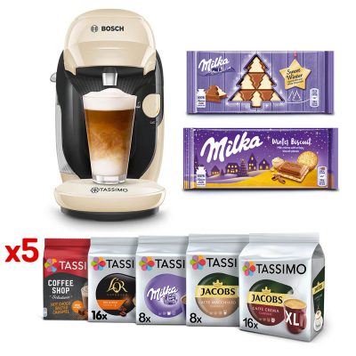 Zestaw: ekspres kapsułkowy Tassimo Bosh Style kremowy i 5 opakowań kaw i napojów Tassimo czekolady gratis
