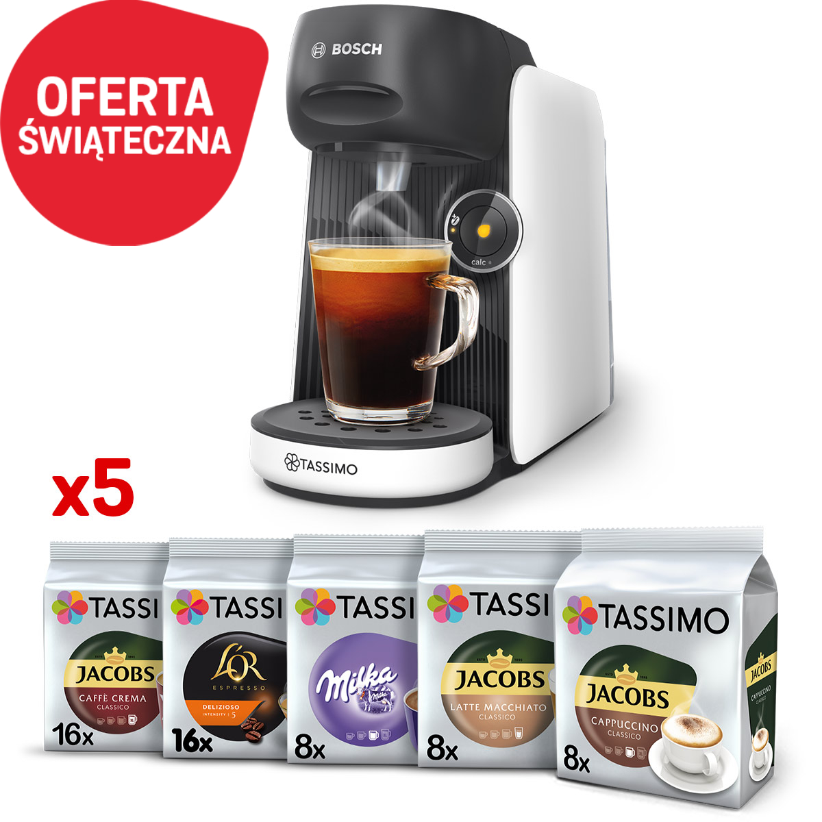 NOWOŚĆ – Ekspres kapsułkowy Tassimo Bosch Finesse biały i 56 kaw